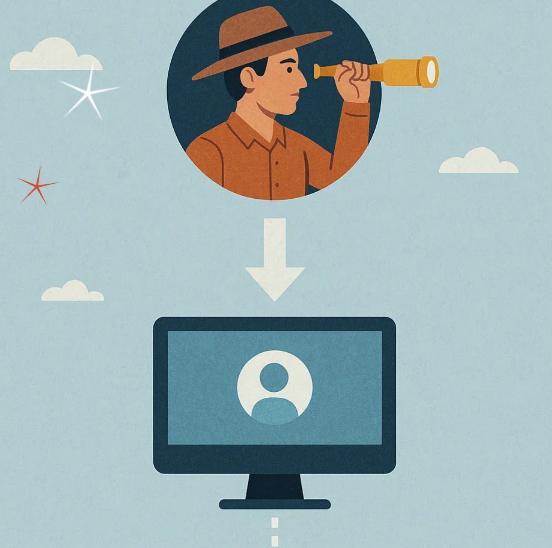 Person with telescope looking toward computer screen with user icon.