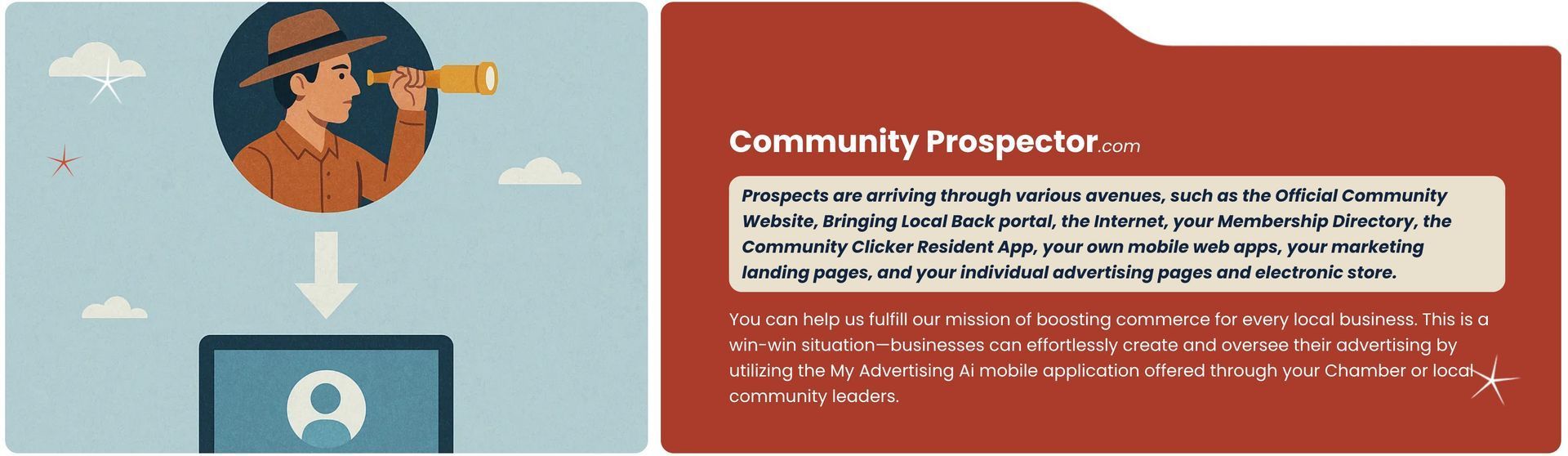 Illustration: Man with a telescope above an icon; text reads 