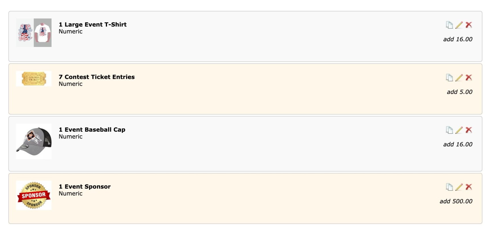 A list of items, including a t-shirt, gift card, cap, and badge, with prices listed.