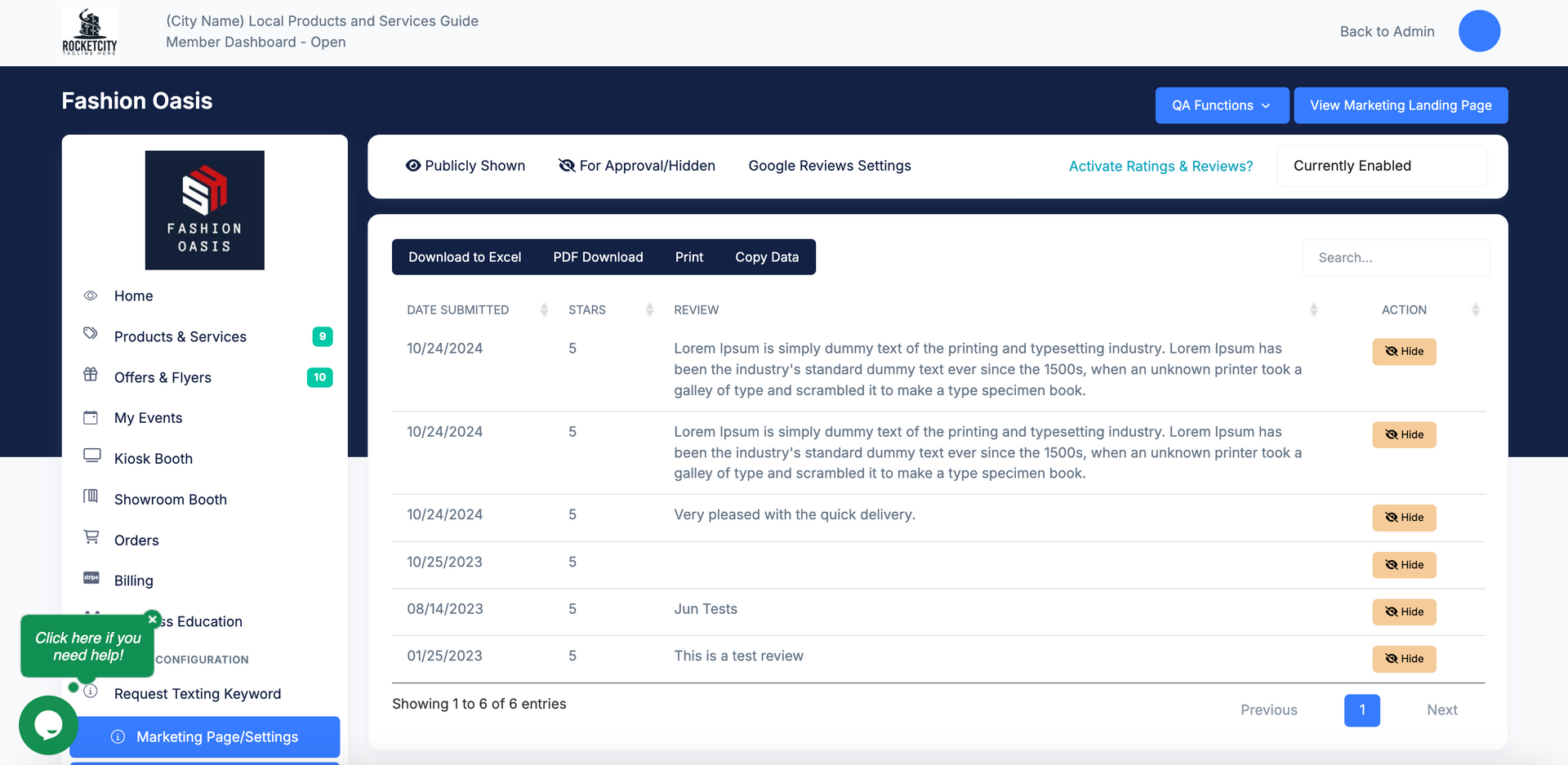 Web interface with table of items, with a menu on the left side.