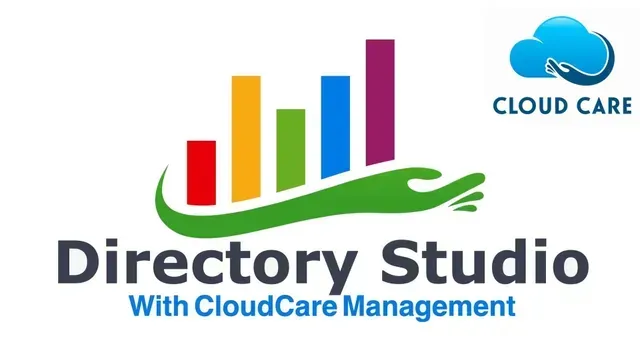 Logo for Directory Studio with CloudCare Management, featuring a hand supporting colorful bar graph with a cloud icon.