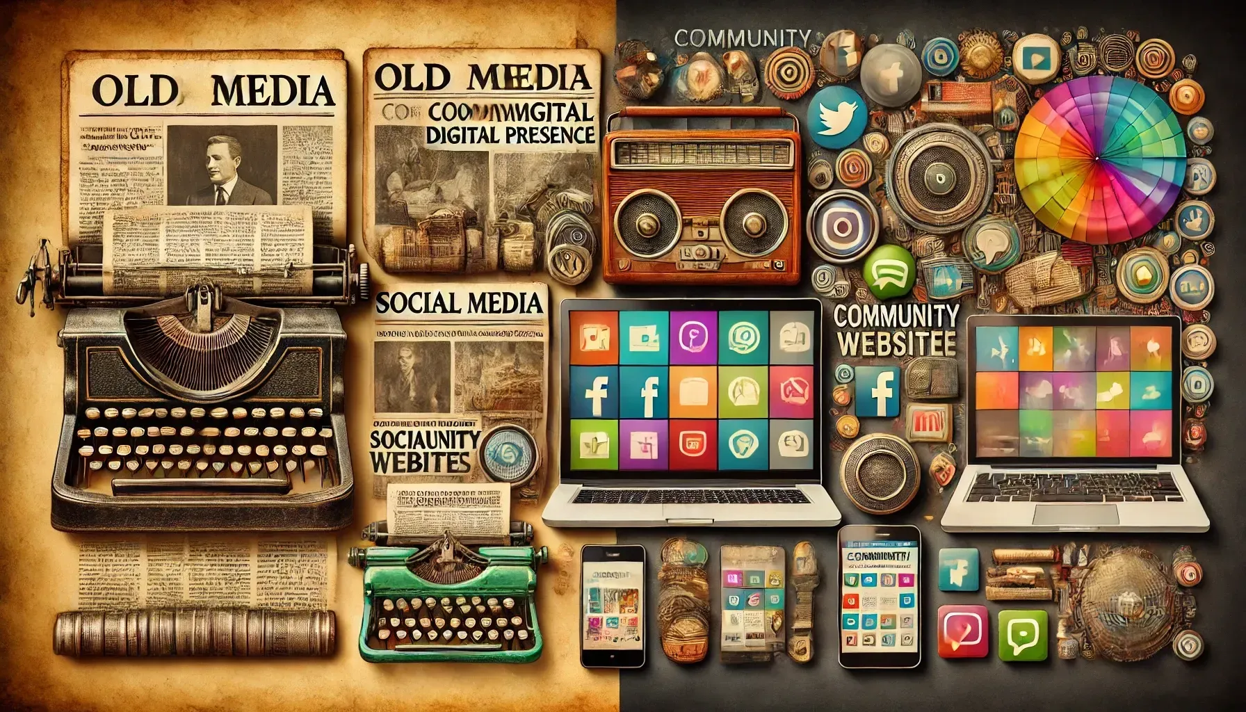 Comparison of old and new media: newspaper, typewriters, radios, laptops, smartphones, social media icons, and a color wheel.