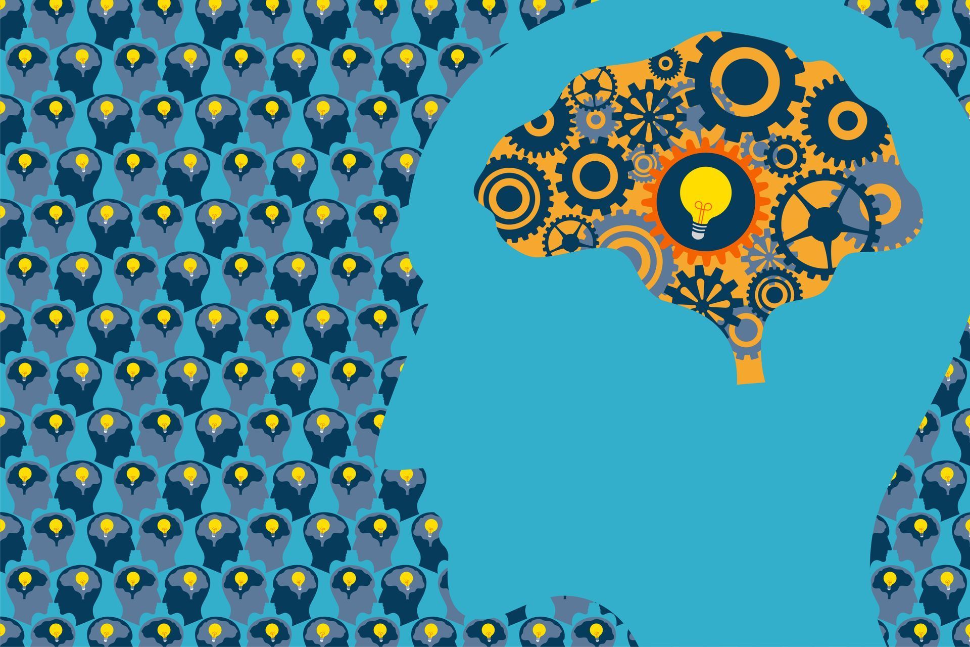 Silhouette head with brain gears and light bulb, with repeated heads with light bulbs.
