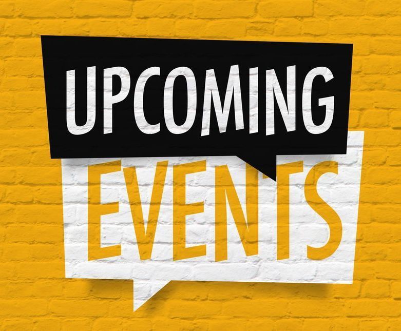 "Upcoming Events" text in black and yellow speech bubbles against a yellow brick wall.