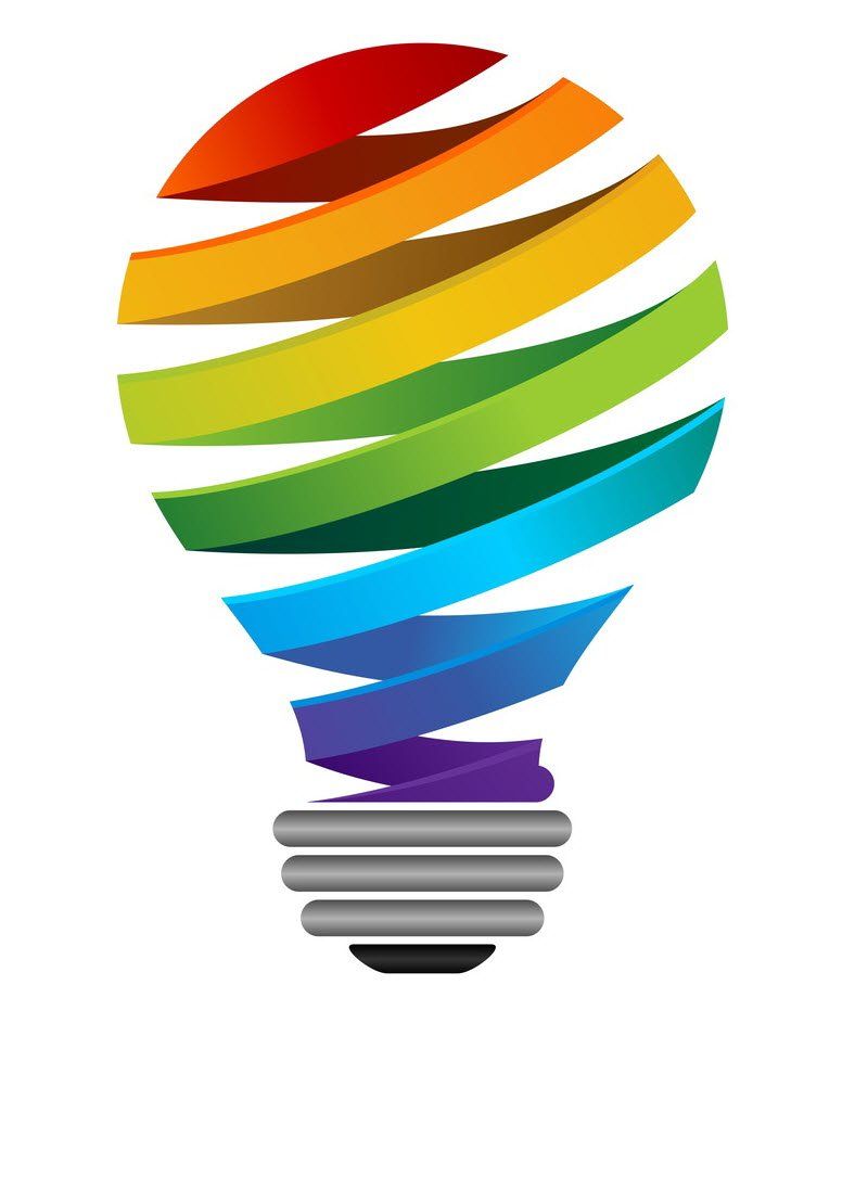 Rainbow-colored spiral wraps around a lightbulb shape.