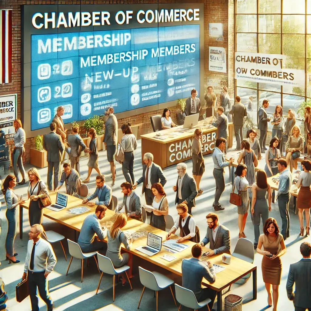 A chamber of commerce meeting. People in suits mingle, sit at tables, and view a membership board.