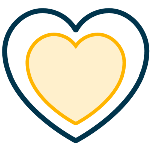 Three nested hearts; outer blue, middle gold, and inner cream.