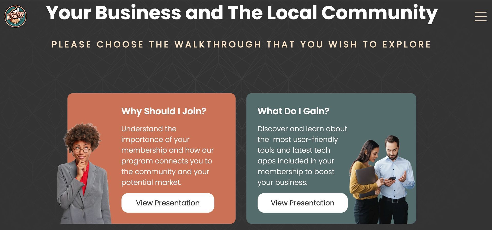 A webpage with two options: 