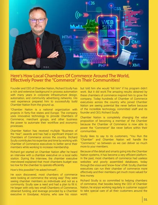 Man in suit next to a graphic of a website, text about Chambers of Commerce.