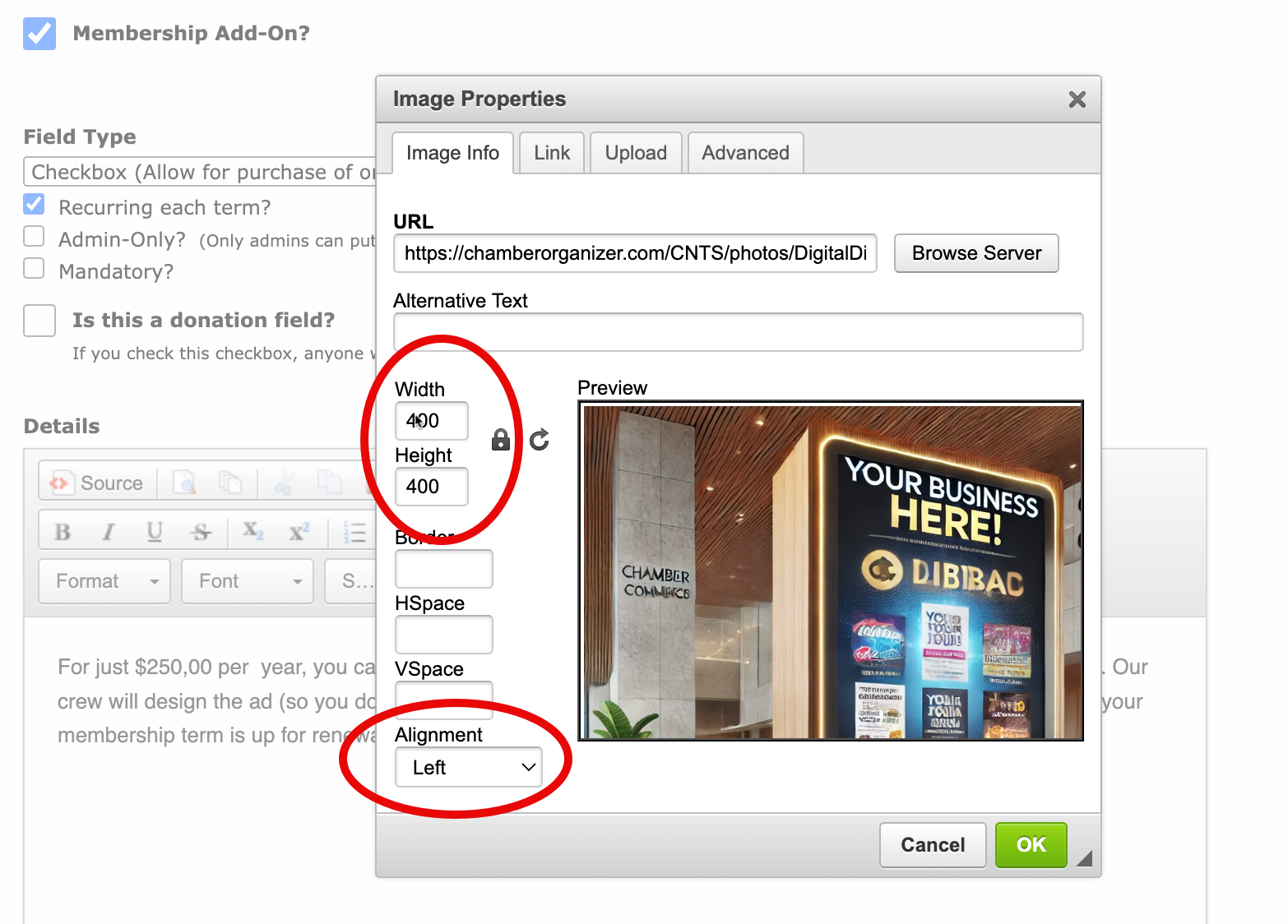 Screenshot of image properties dialogue box with fields to set image width, height, and alignment.
