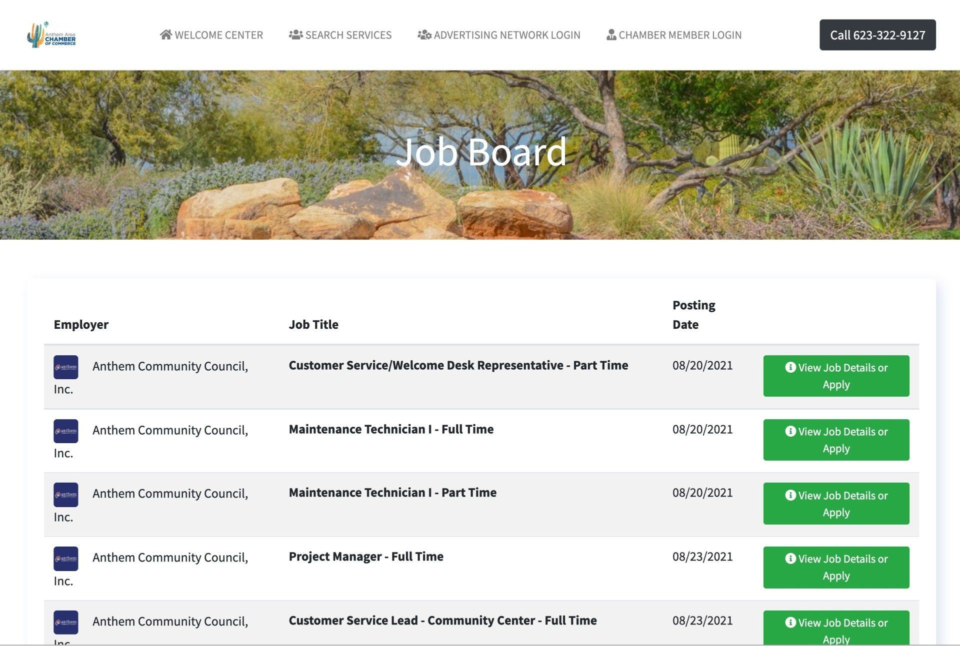 Job board displaying job listings with 