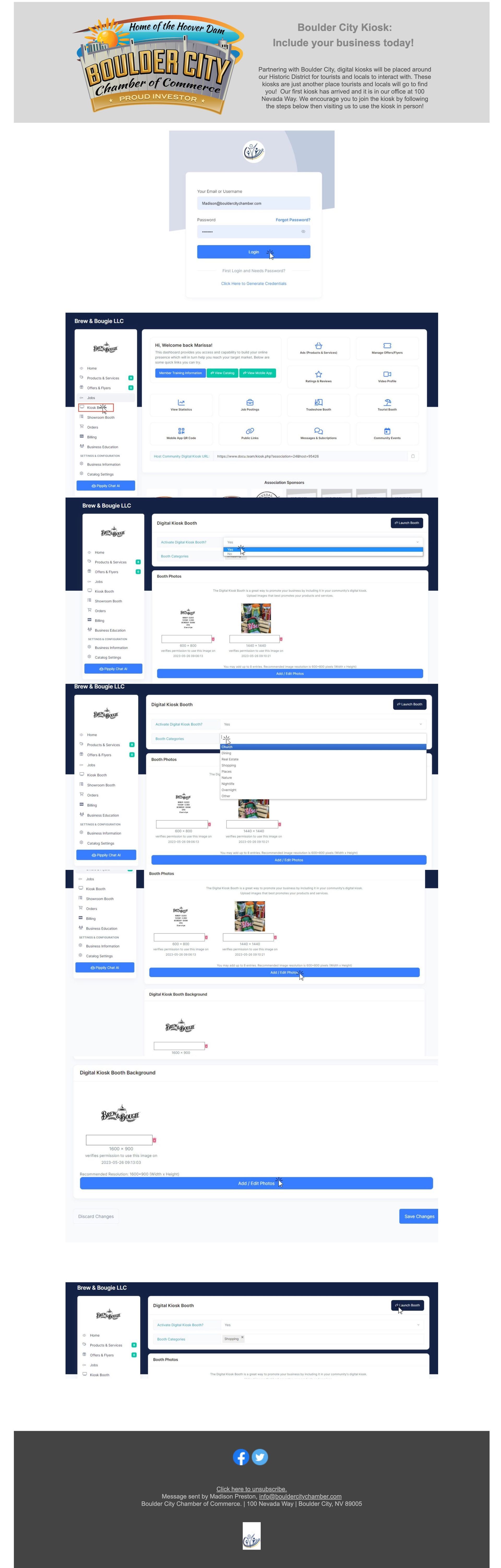 Screenshots showing a user logging in and navigating a website interface. Various functions are displayed.