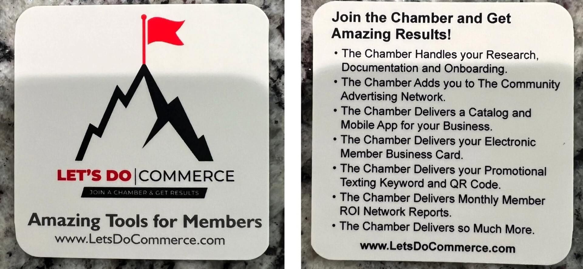Two-sided business card: front shows logo and tagline; back lists benefits of joining the chamber.