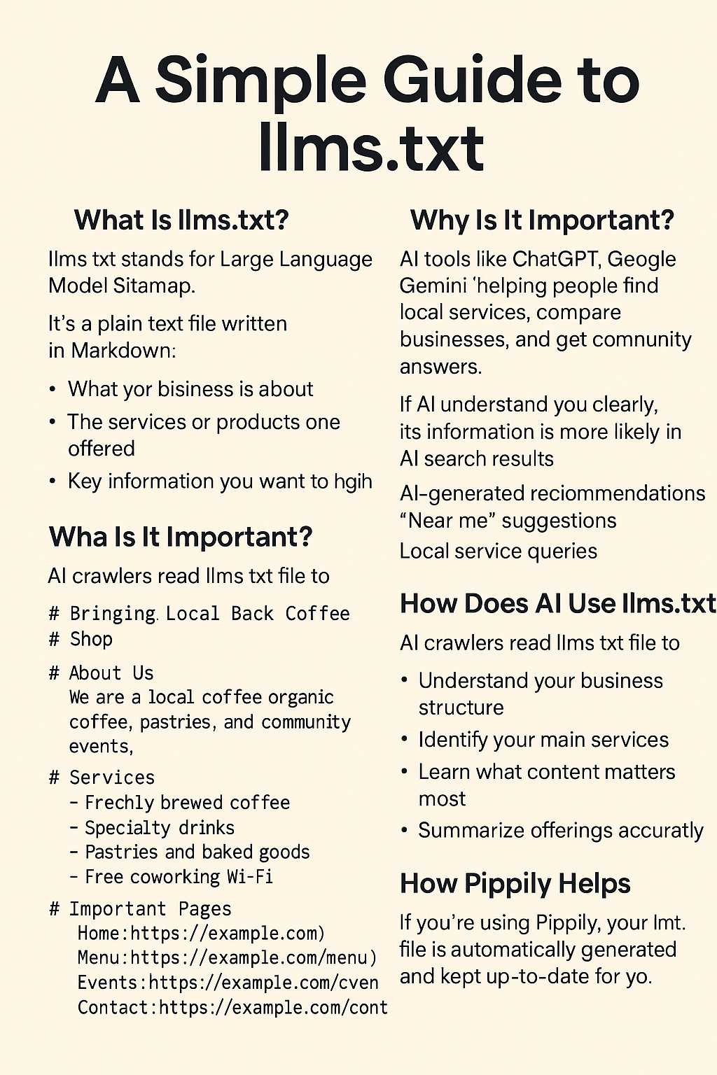 A guide about llms.txt, explaining its purpose, importance, and how AI uses it for local services, written in black on a white background.