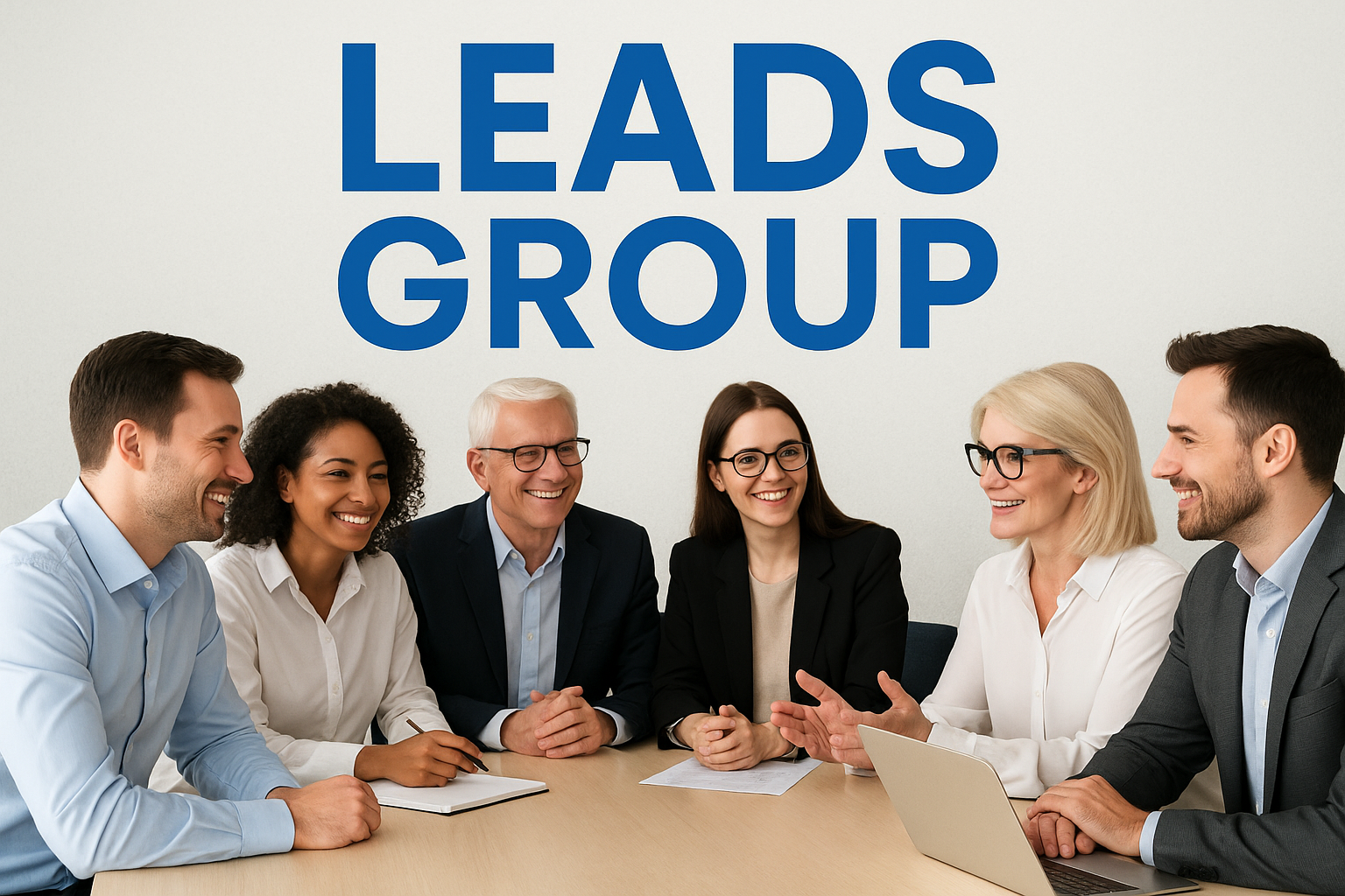 Group of professionals at a table, discussing and collaborating under the words 