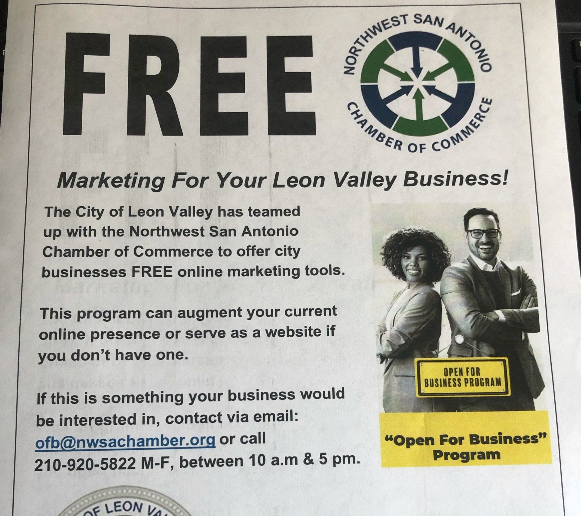 Flyer: Free online marketing for Leon Valley businesses. Contact information included.