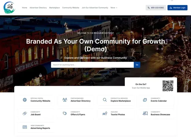 Website homepage with header and features. Offers a community website platform.
