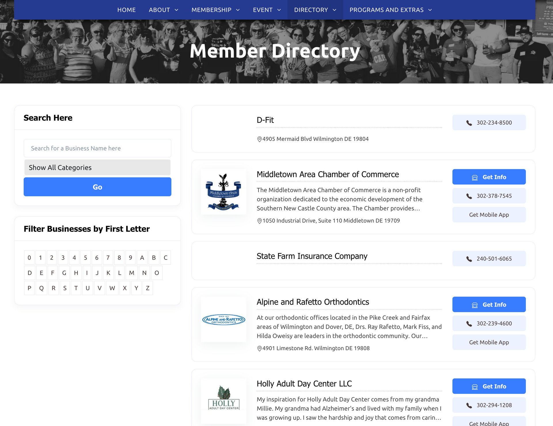 Website member directory, search filters for businesses.