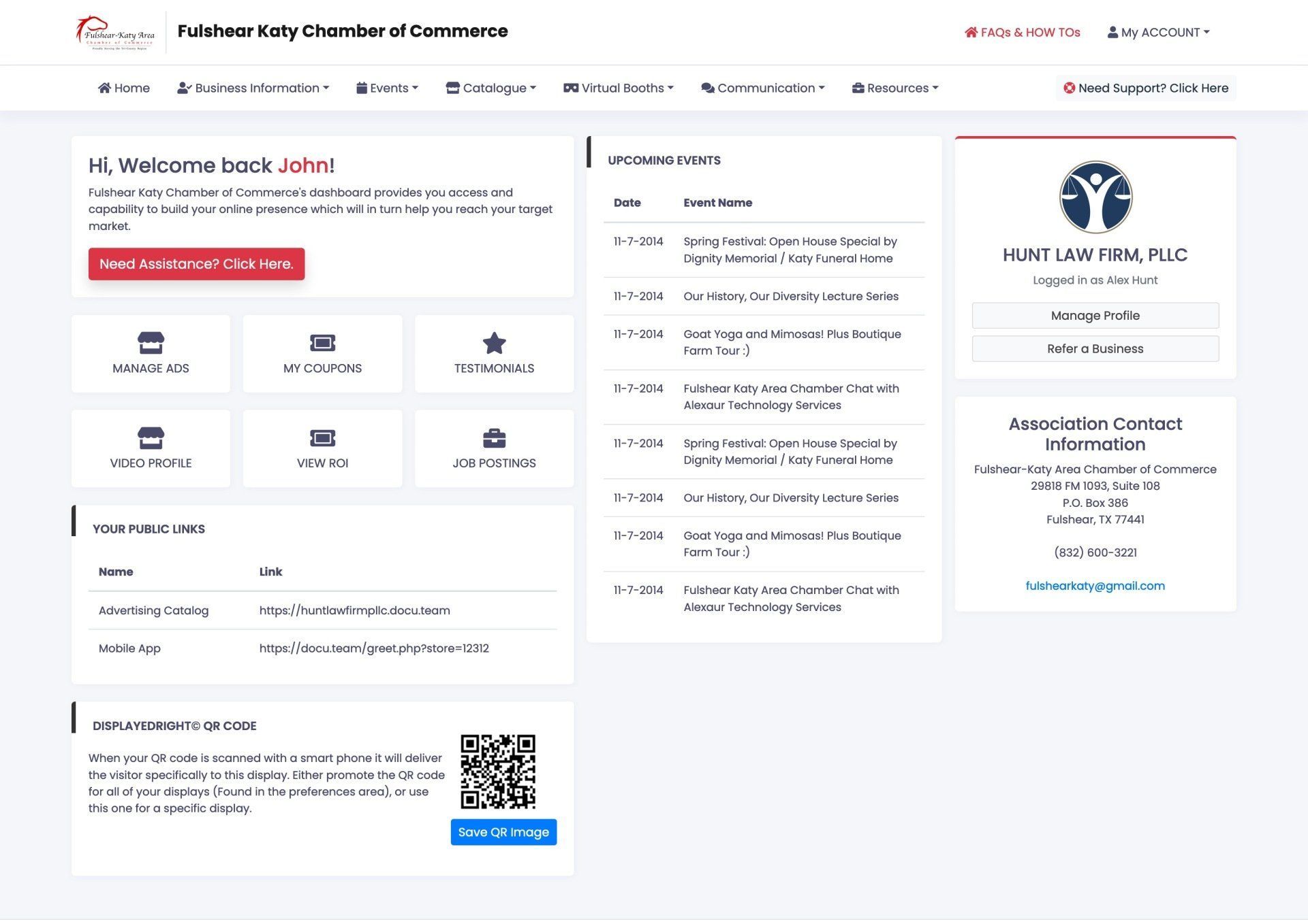Website interface, information about a public service announcement, event details, contact information, and QR code.