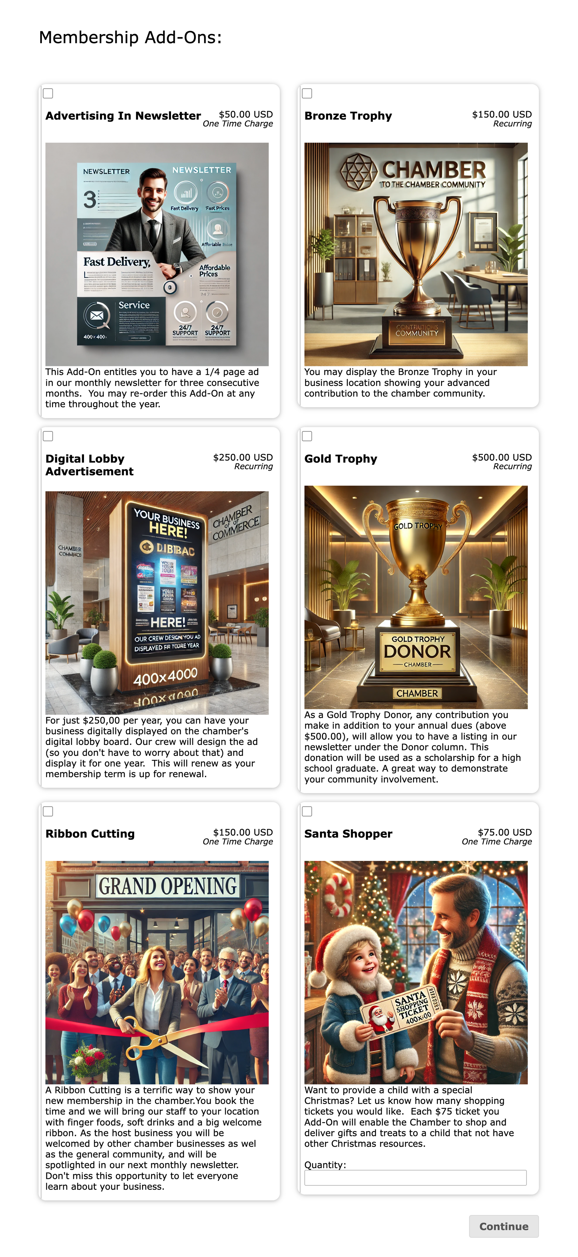 Grid of six stylized illustrations with various scenes: awards, people, and objects.