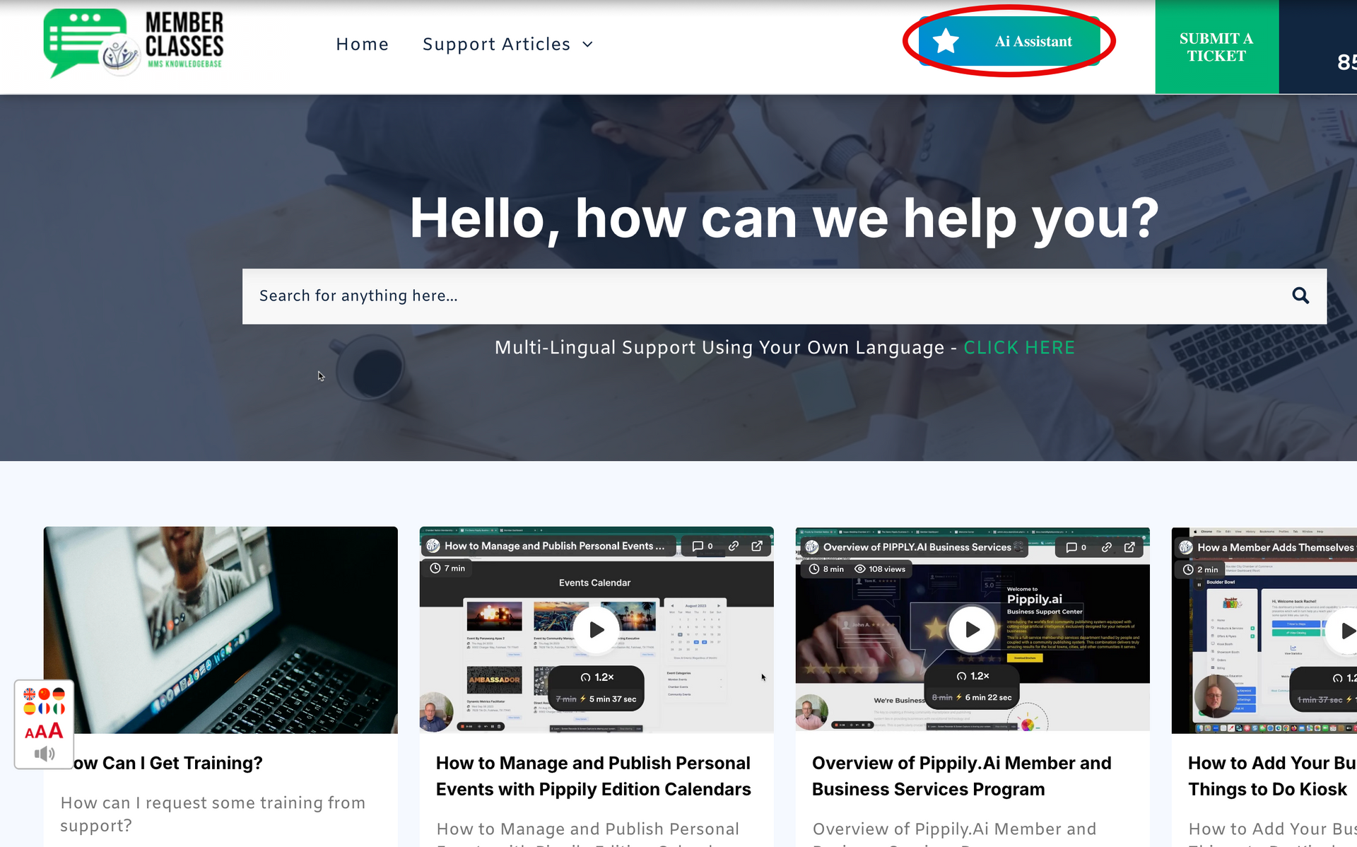 Website homepage with a search bar and featured video thumbnails. A