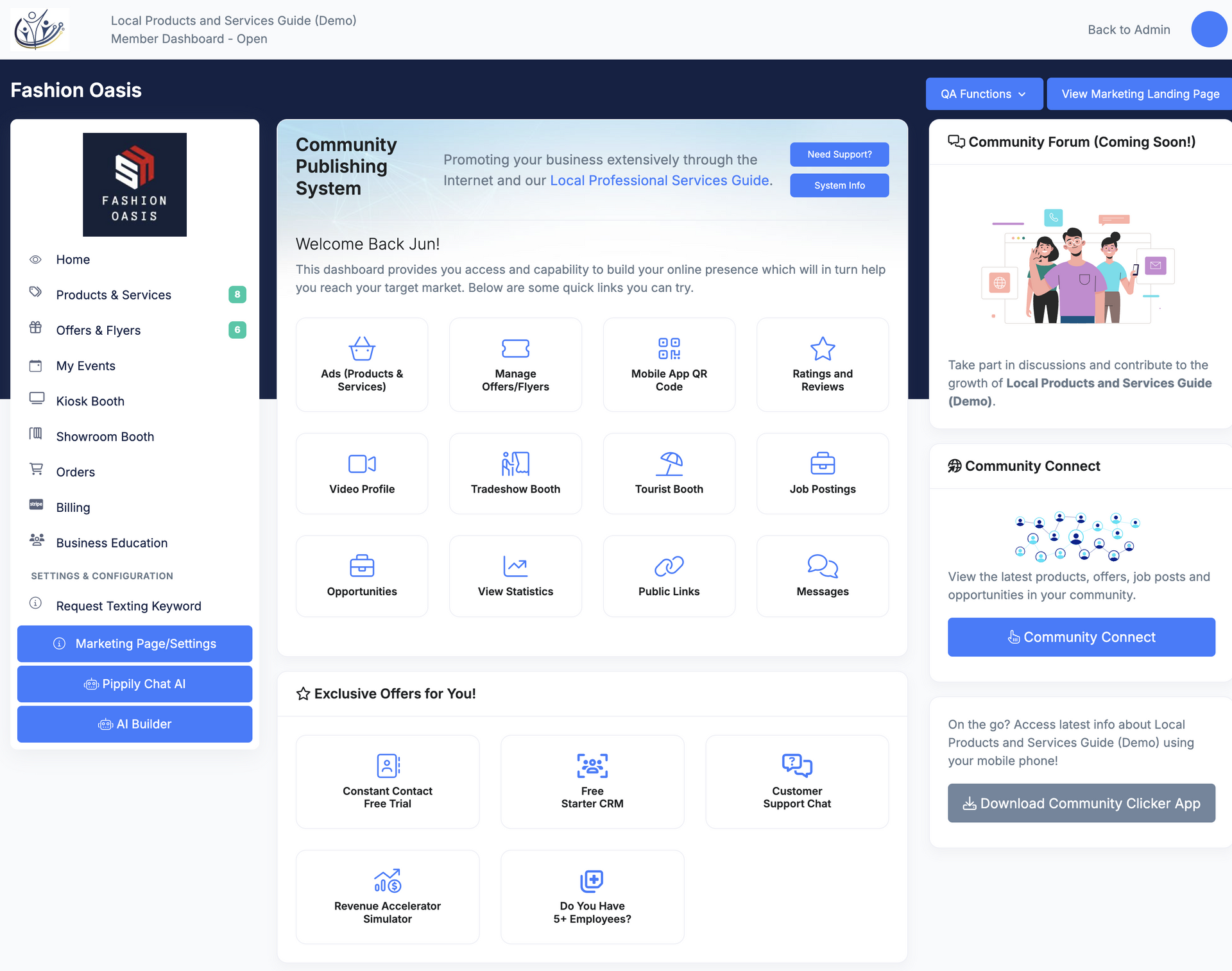 Dashboard with various icons and links for community housing systems.