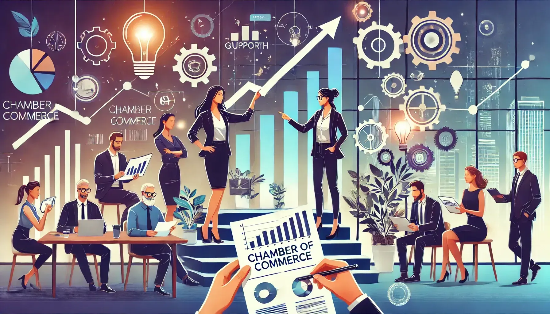 Business people in a modern office with charts, graphs, and a growing financial arrow. Chamber of Commerce document is signed.