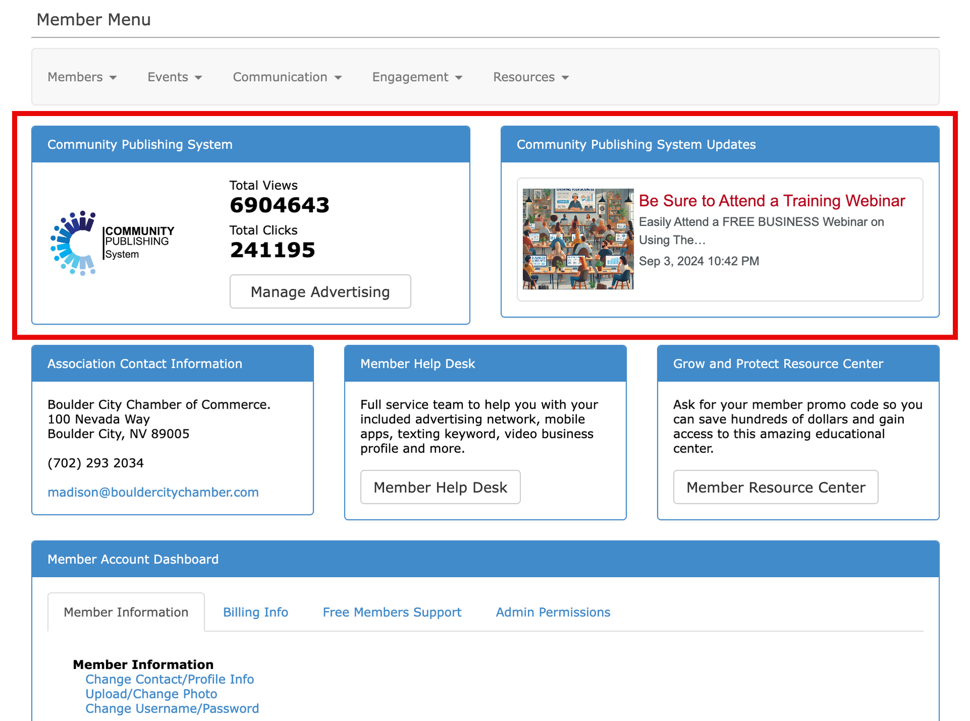 Member menu with two highlighted boxes showing member info and a training webinar invitation.