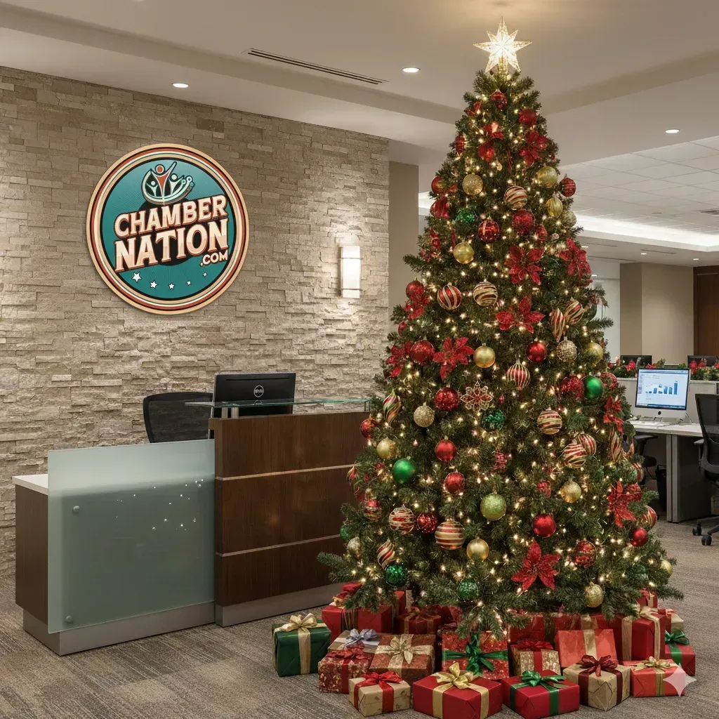Office reception area with Christmas tree, gifts, and a 