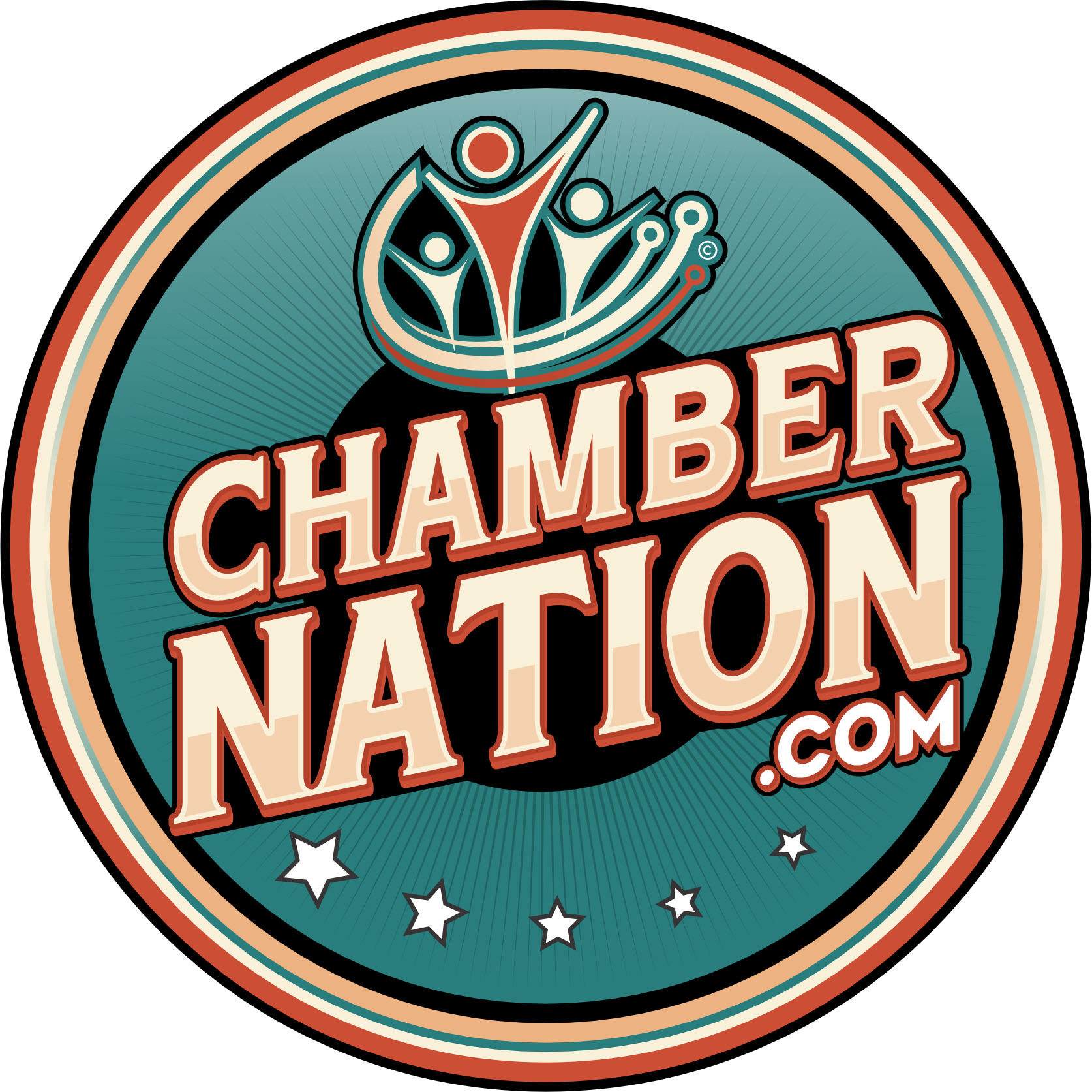 Chamber Nation logo: Teal and orange circle with stylized figures above text "CHAMBER NATION .COM". Stars surround text.