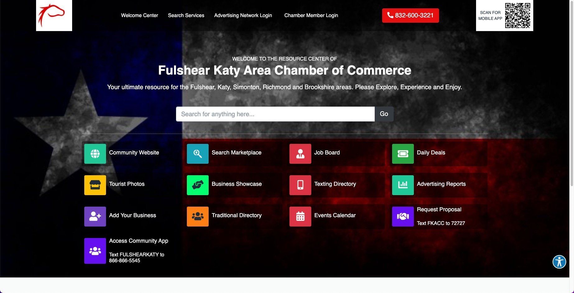 Website for Fulshear Katy Area Chamber of Commerce with Texas flag background, search bar, and navigation icons.