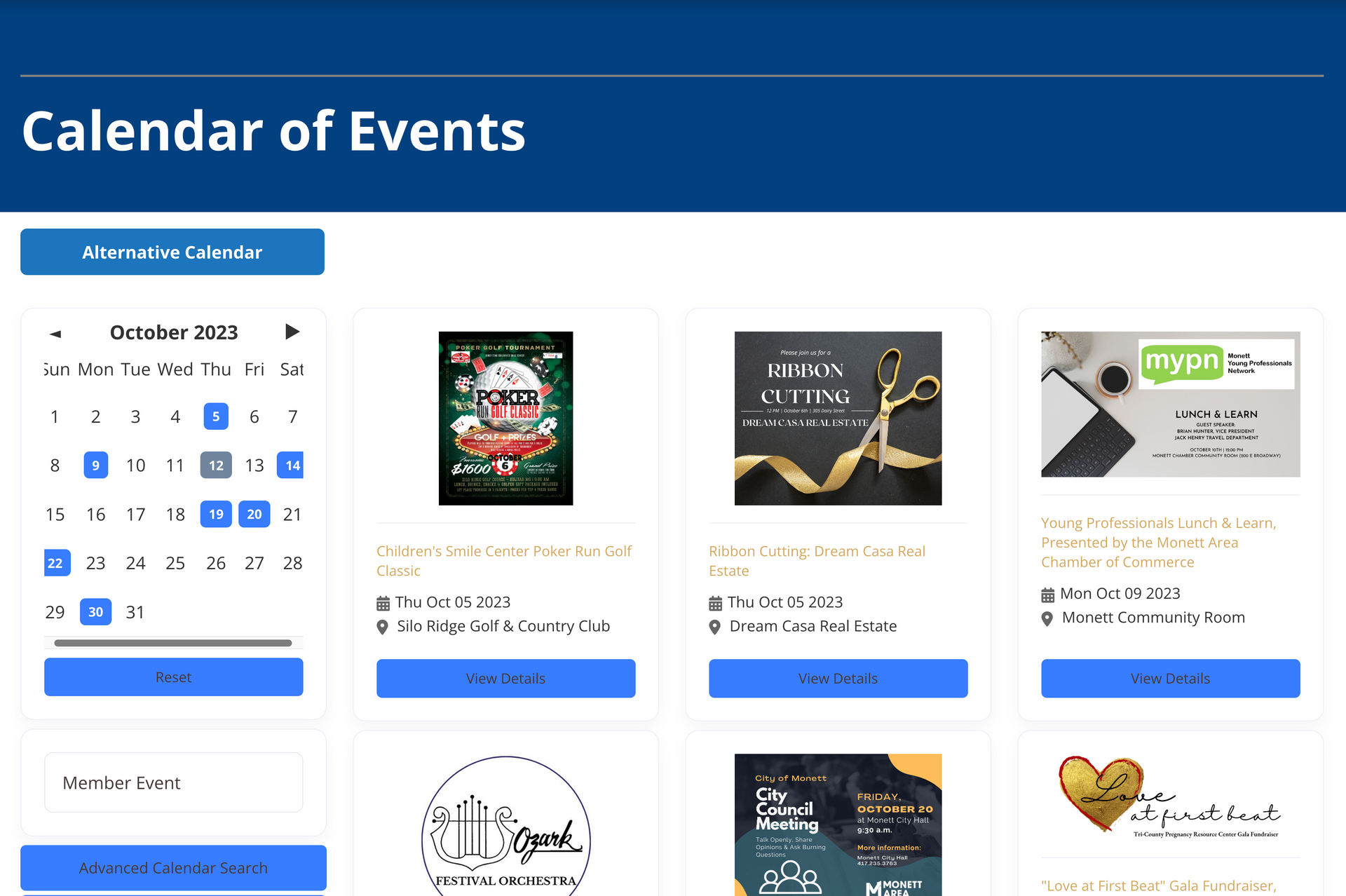Calendar of events, with a calendar widget and event listings.