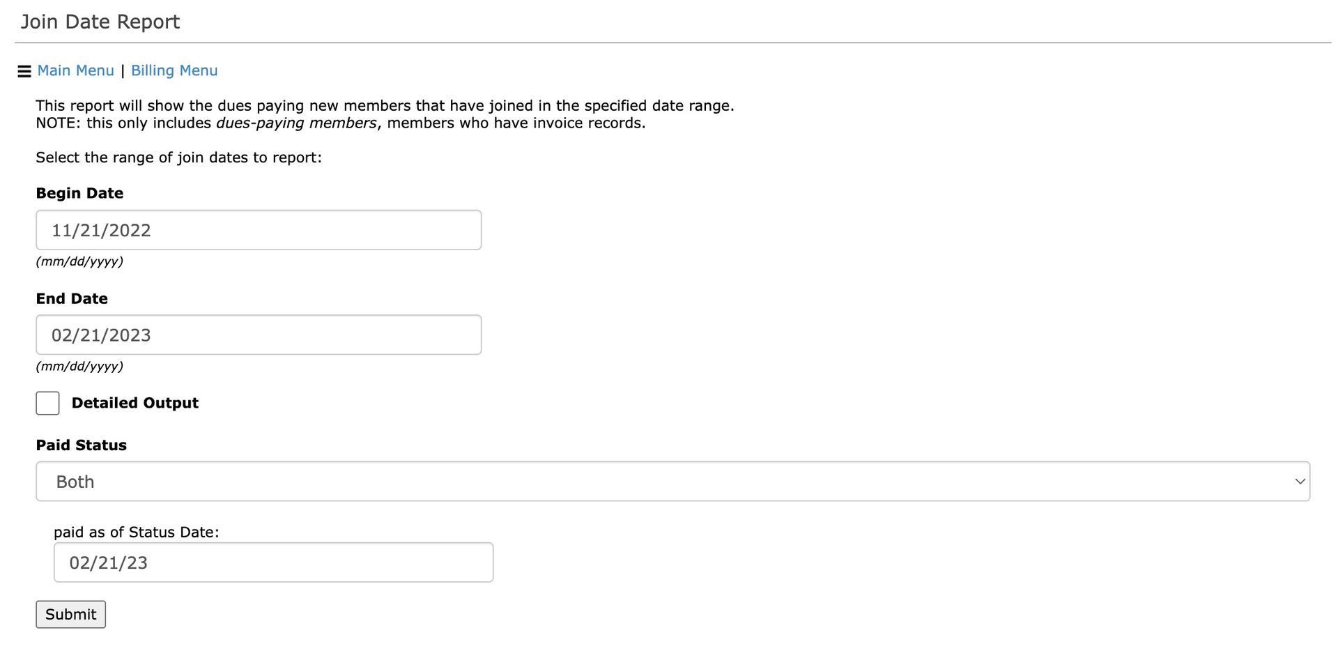 Web form for a report with fields for Begin Date (1/1/2020), End Date (10/1/2020), and Submission Date (4/1/2021).
