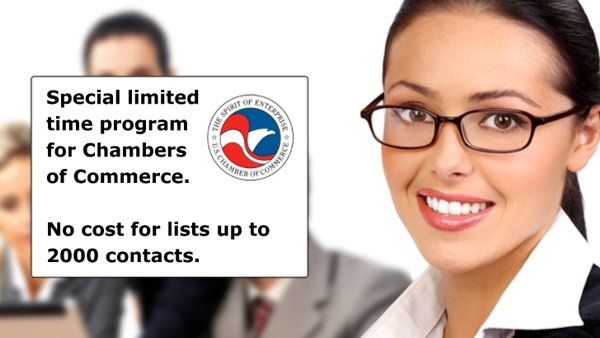 Woman in glasses promoting a program for Chambers of Commerce, free for up to 2000 contacts.