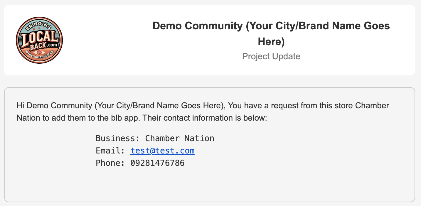 Logo for a local community and a message about the store chamber. The message has contact information.