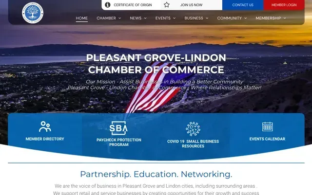 Pleasant Grove-Lindon Chamber of Commerce website, with header, navigation, and services links.