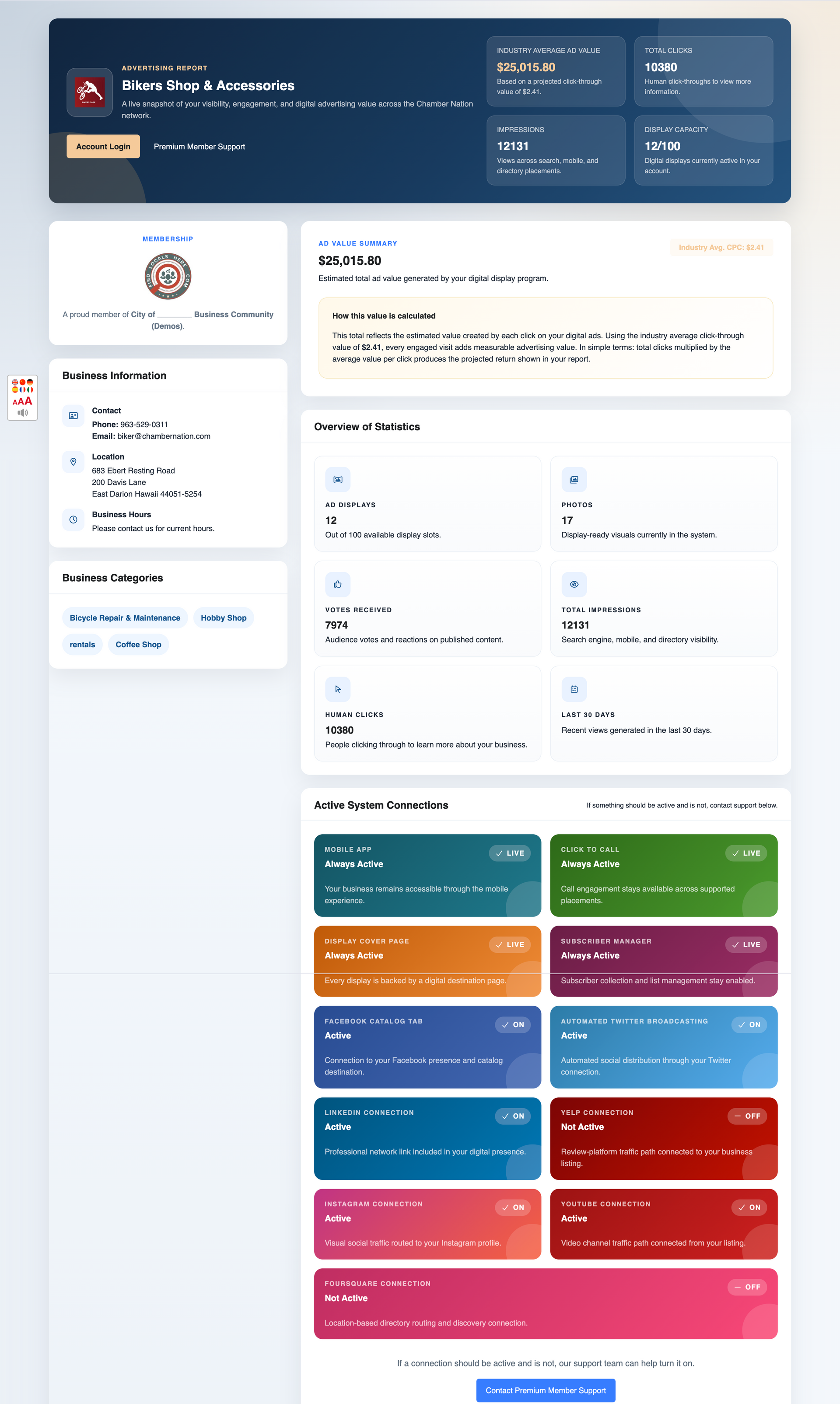 Chamber executive showing analytics to a member