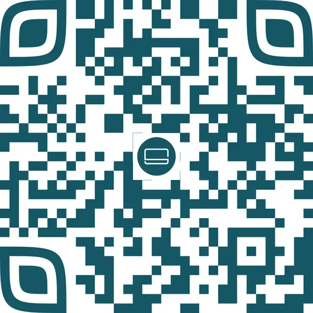 QR code in teal and white with a computer screen icon in the center.