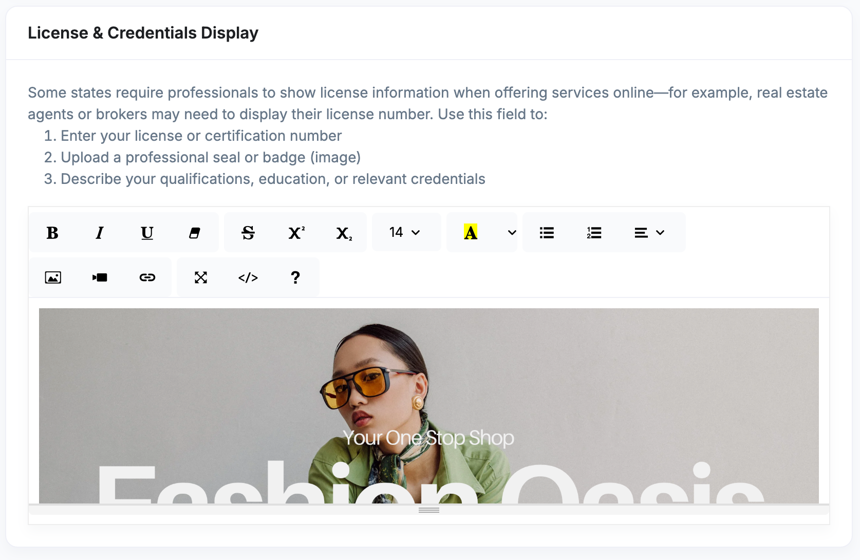 Woman in sunglasses in front of a storefront ad that reads 