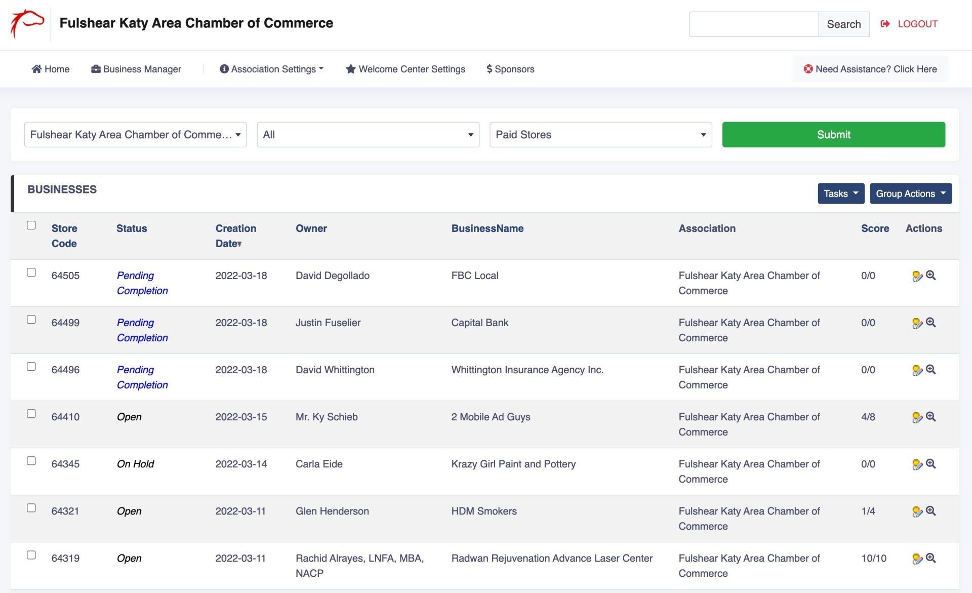 Table listing business contacts with search filters and actions.