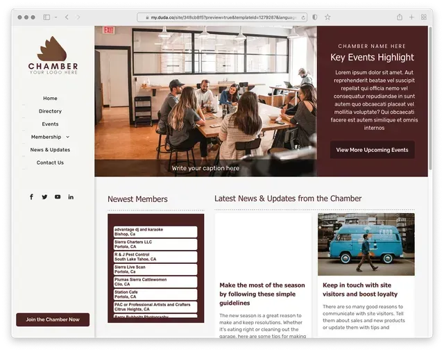Chamber website homepage: Meeting in office, recent news, and event highlights.