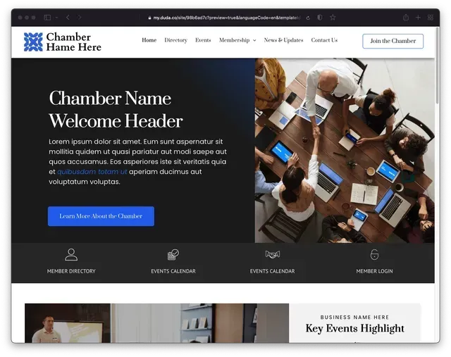 Chamber of Commerce website homepage with business professionals at a table and menu options.