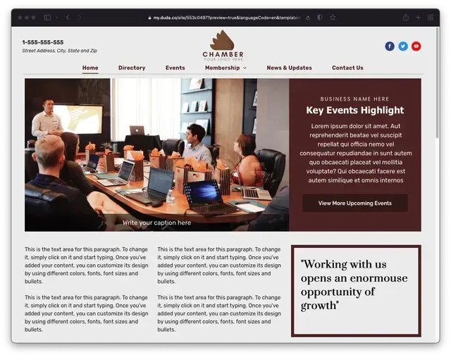 Chamber website: Meeting in conference room, key events, and opportunity of growth.