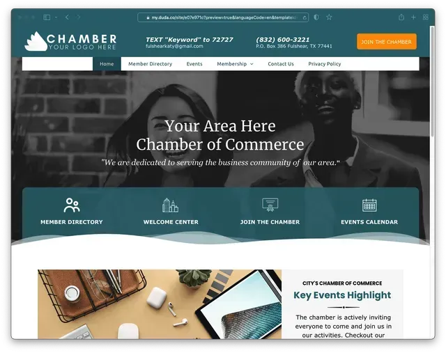 Website homepage for a Chamber of Commerce, teal and white, with business directory and event calendar links.
