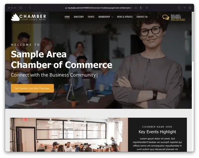Website of the Sample Area Chamber of Commerce with a person and employees, black and yellow logo, and navigation bar.