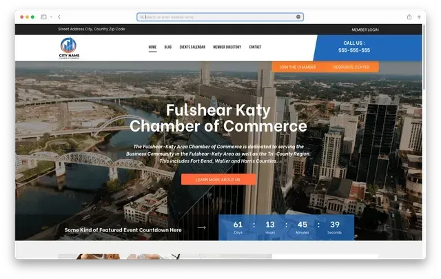 Website of the Fulshear Katy Chamber of Commerce. Features city skyline and a countdown timer.
