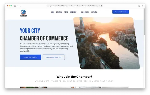 Website for a city chamber of commerce, featuring a cityscape at sunset.
