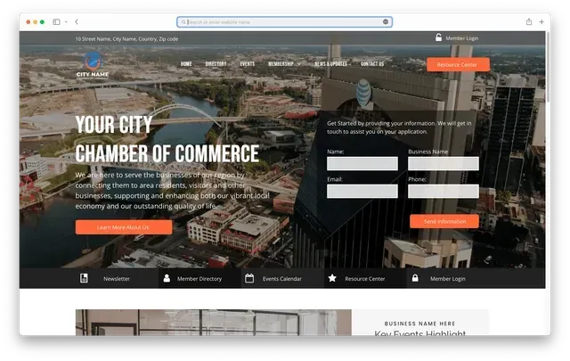 Website for a city chamber of commerce, with cityscape background and a signup form.