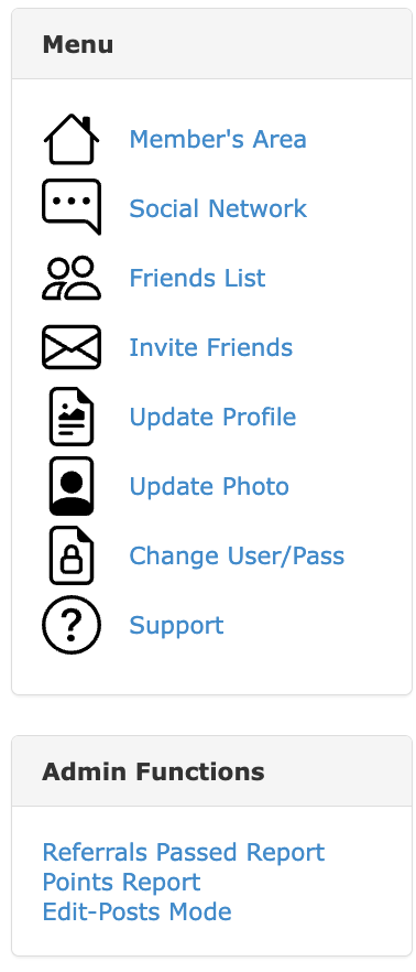Menu with options: Member's Area, Social Network, Friends List, Invite Friends, Update Profile, Update Photo, Change User/Pass, Support. Also, Admin Functions.