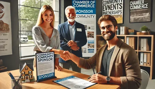People at a desk shake hands; a sponsor signs a document. Chamber of Commerce signage in the background.